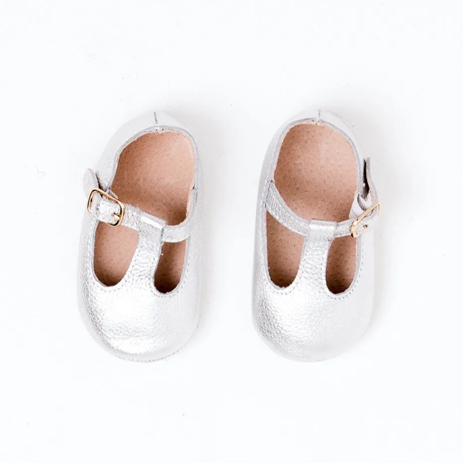 z Paris Leather Baby T-Bar Shoes in Silver